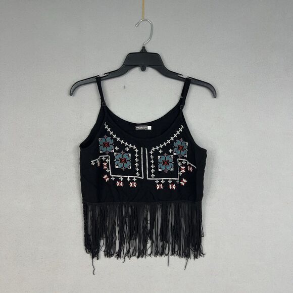 Earthbound Trading Co Tops - Earthbound Trading Crop Top Womens Large Black Embroidered Fringe Boho Western